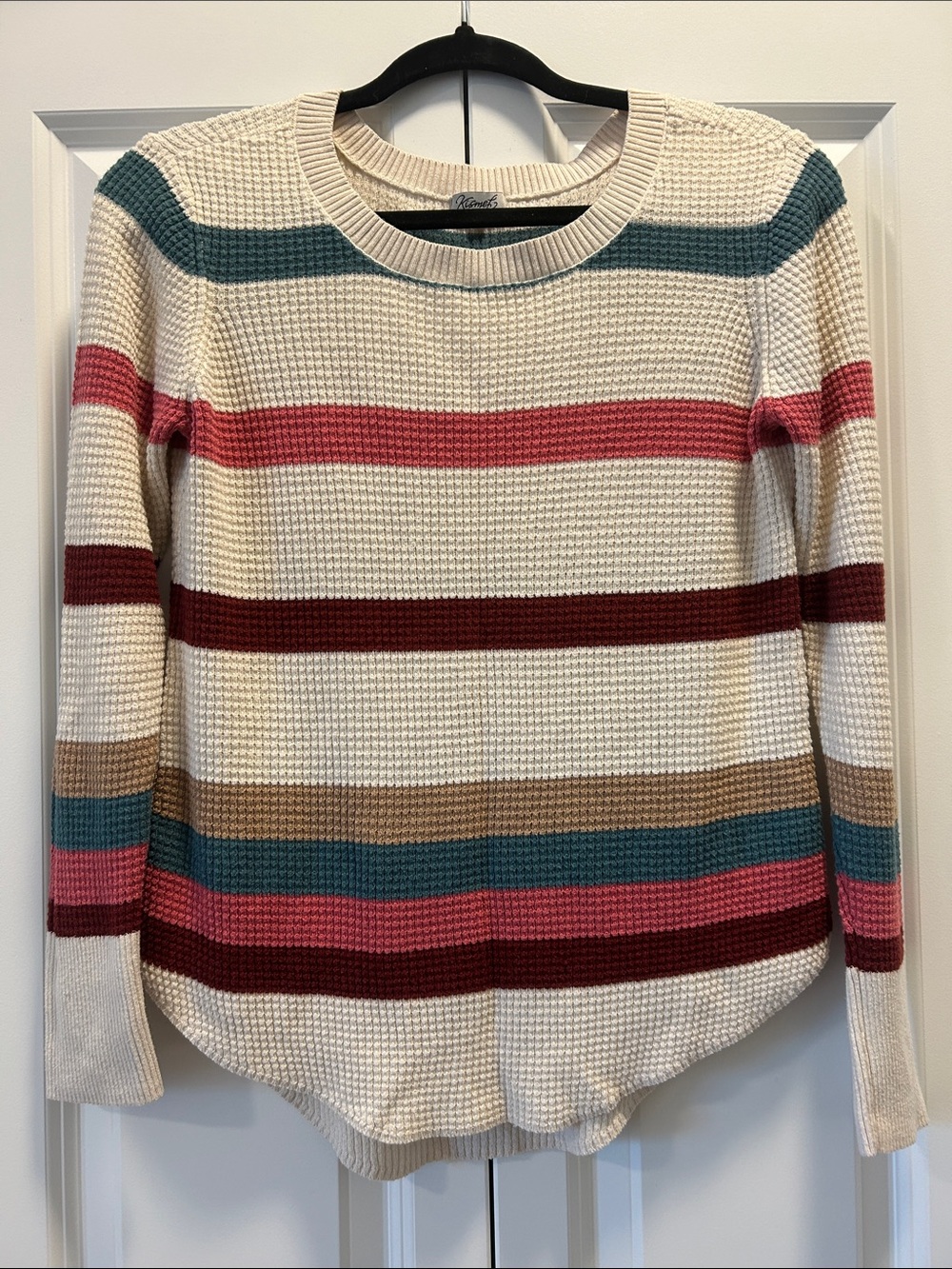 Kismet Cream Striped Waffle Knit Long Sleeve Top with Teal & Pink Accents